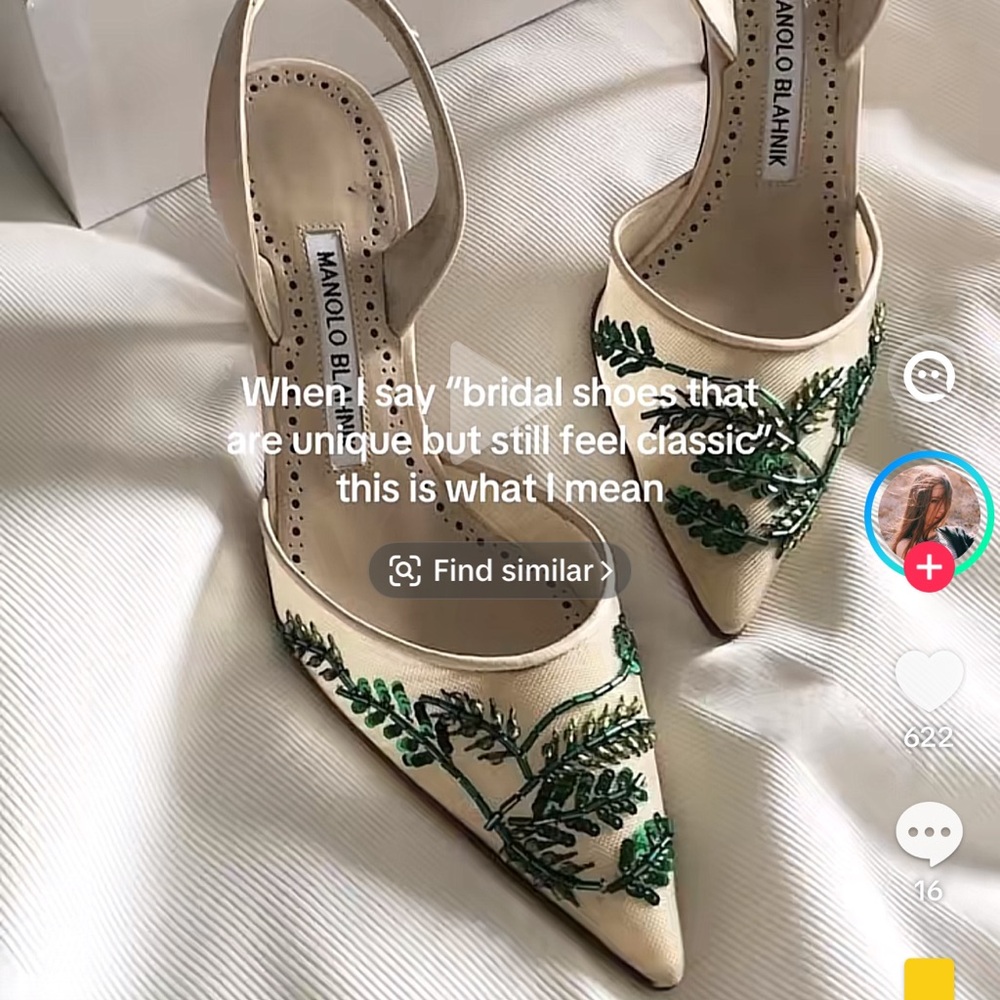 ISO Manolo Blahnik Cream and Green Embroidered Heels